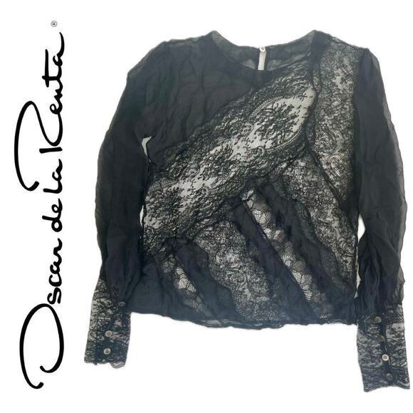 VINTAGE OSCAR DE LA RENTA LACE BLOUSE PEARL BUTTONS SZ XS WHIMSICAL GOTH CORE - Picture 1 of 16